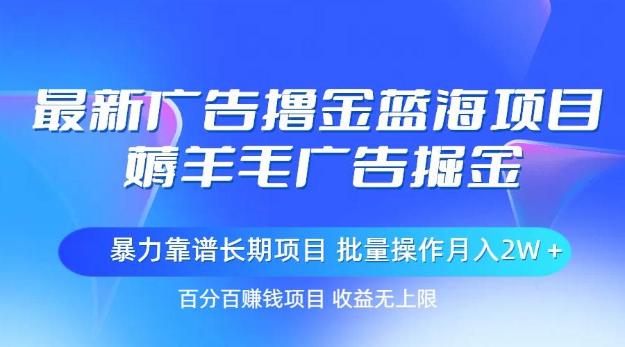 最新广告撸金蓝海项目，薅羊毛广告掘金 长期项目 批量操作月入2W＋-千一副业